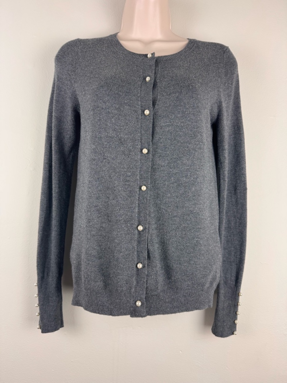 Zara Gray Pearl Button Cardigan Crewneck Knit Sweater Small